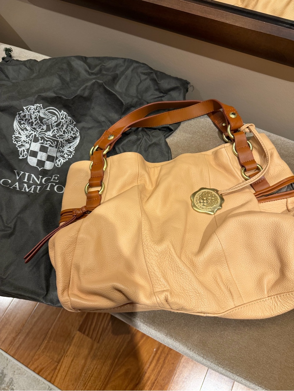 Vince Camuto Tan Pebbled Leather Shoulder Bag with Brown Straps
